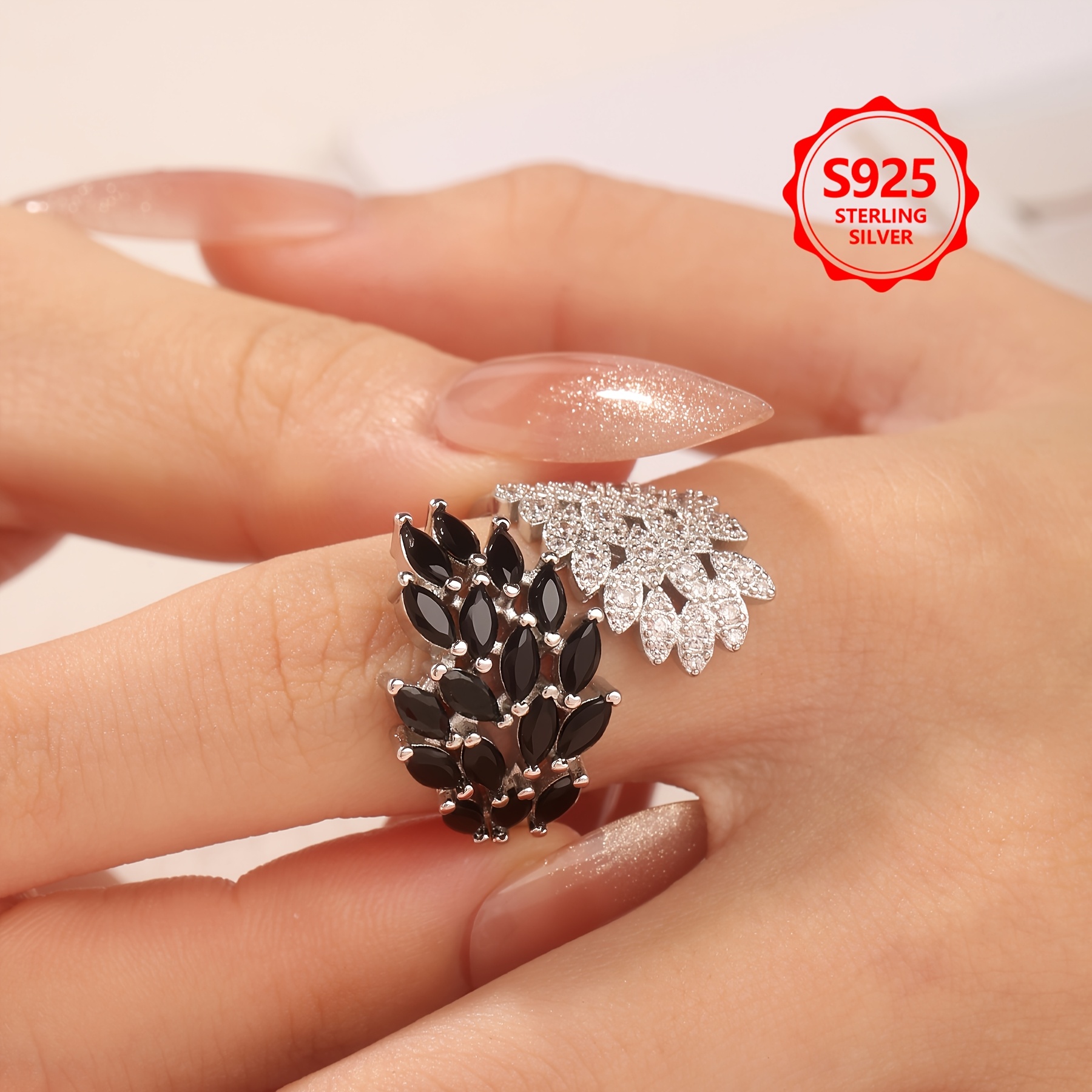 925 Sterling Silver Wing Open Ring with Black & White Zirconia